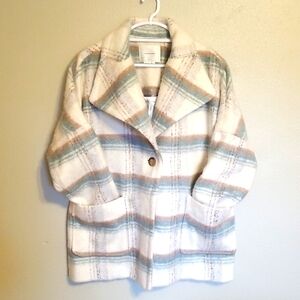 Anthropologie Plaid Pea Coat in Cream and Blue